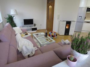 Una sala de estar con un sofá morado y un televisor. en Winter Iris, en Kupres 5 fotos más