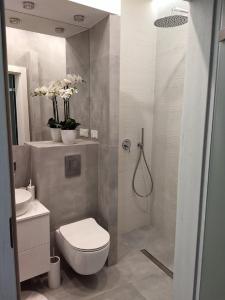 a bathroom with a shower and a toilet and a sink at Apartament Kamea Wieliczka Centrum in Wieliczka