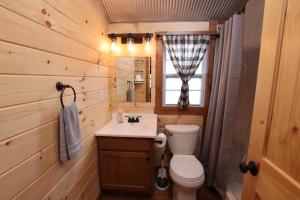 a bathroom with a toilet and a sink and a mirror at The Cayo Cabin, Millersburg Ohio in Millersburg +5 photos