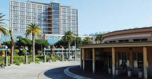 a building with palm trees in front of a city at Bed & Breakfast De Bono in Naples