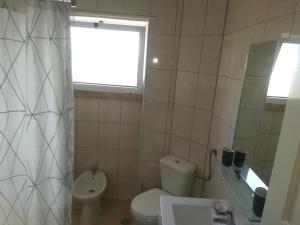 a bathroom with a toilet and a sink and a window at The Tram 18 Space in Lisbon