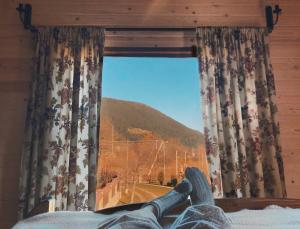 a person laying on a bed looking out of a window at VIGORA in Verkhovyna