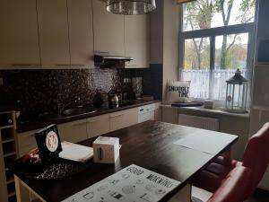 a kitchen with a wooden table and a counter top at Apartament Pod Aniołami na Starówce w Radomiu in Radom