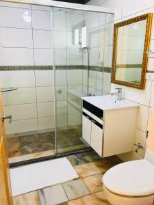 a bathroom with a shower and a toilet and a sink at The third great-uncle's house in Baihe