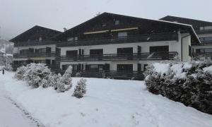 dom ze śniegiem na ziemi przed nim w obiekcie Apartmenthaus Panorama w mieście Seefeld in Tirol