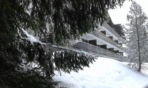 a snow covered yard in front of a building at Apartmenthaus Panorama in Seefeld in Tirol