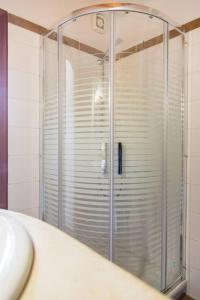 a shower with a glass door in a bathroom at Agrilos Οlive Τree Αpartment in Mirsíni