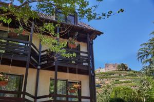 a building with potted plants and a castle in the background at Gästehaus Goethe in Staufen im Breisgau