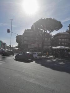 Una macchina che guida lungo una strada cittadina con un albero di B&B Destinazione Roma a Roma