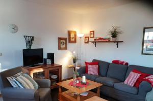 ein Wohnzimmer mit einem Sofa und einem TV in der Unterkunft Gästehaus Alwine Wohnung 6 in Grömitz