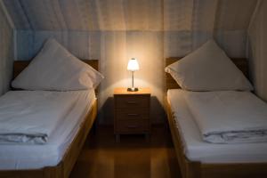 two beds in a room with a lamp on a night stand at Gasthaus Pension Löwen in Freiburg im Breisgau