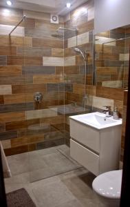 a bathroom with a shower with a sink and a toilet at Cherry Tree Guest House in Gdańsk