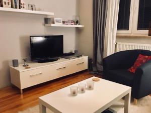 a living room with a tv and a coffee table at Cherry Tree Guest House in Gdańsk