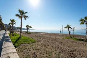 a sandy beach with palm trees and the ocean at Villa Amalia Suites Malaga in Málaga