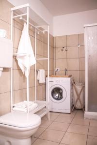 a bathroom with a toilet and a washing machine at Trilocale in centro a Chiesa Valmalenco in Chiesa in Valmalenco