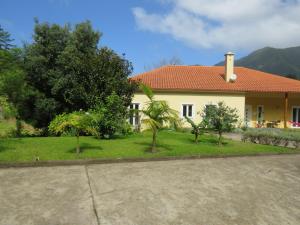 a yellow house with trees in front of it at Solar do Carvalho in São Vicente