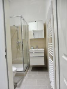 een badkamer met een douche, een toilet en een wastafel bij NEW Apartment City Center in Wenen
