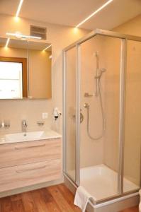 a bathroom with a shower and a sink at Auf der Sonnenseite in Schattwald