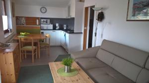 salon i kuchnia z kanapą i stołem w obiekcie Apartment Bea w Schladming