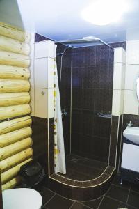 a bathroom with a shower with a toilet and a sink at "Карпатський краєвид" in Polyana