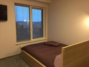 a bedroom with a bed and a window with a view at Svitrigailos-in-center in Vilnius