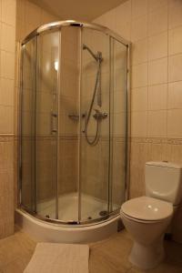 a bathroom with a shower and a toilet at Hotel Katrina in Ostrzeszów