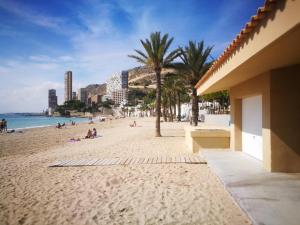 a beach with palm trees and people on it at Grandpa Beach House in Alicante
