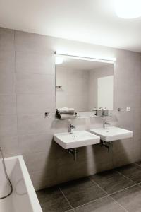 
a bathroom with a sink and a mirror at Luxury Apartments Zelny Trh in Brno
