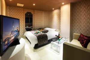 a bedroom with a bed and a flat screen tv at Hotel Bijou (Adult Only) in Okayama