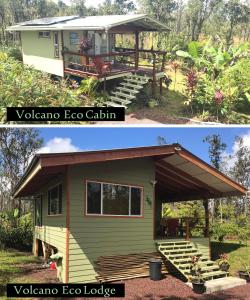 a green tiny house with a veranda eco cabin at Rainforest Eco Cabin in Volcano