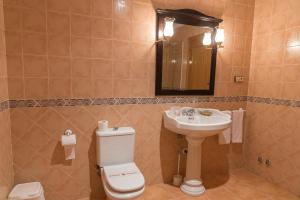 a bathroom with a toilet, sink and mirror at Hotel-Restaurante La Sima in Castillo de Garcimuñoz