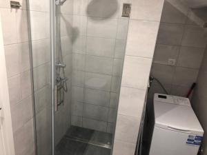 una ducha con una puerta de cristal junto a una lavadora en La Fontana, en Belgrado 8 fotos más