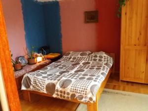 1 dormitorio con 1 cama con edredón blanco y negro en Budakeszi magánszállás, en Budakeszi