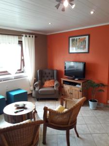 a living room with orange walls and a tv at Le chalet d Egide in Waimes