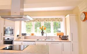 a white kitchen with a sink and a window at Little Friston Lodge in Eastbourne