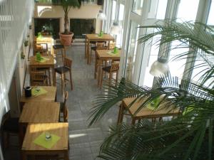 a restaurant with tables and chairs and a plant at Lindemann Hotel in Hildesheim