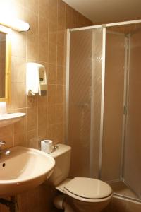 a bathroom with a toilet and a sink and a shower at Hotel Le Chamois Logis in Molines-en-Queyras
