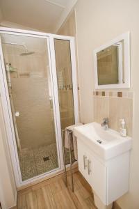 a bathroom with a white sink and a shower at The Annexe at No. 5 in Montagu +35 photos
