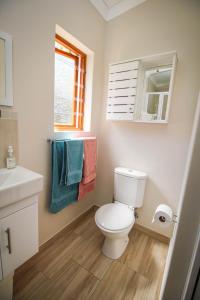 a bathroom with a toilet and a window and towels at The Annexe at No. 5 in Montagu