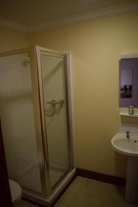 uma casa de banho com um chuveiro e um lavatório. em GOLF View Hotel & Macintosh Restaurant em Lossiemouth