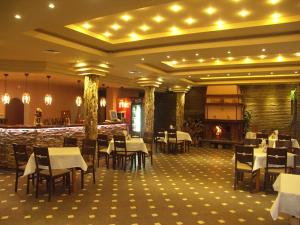 a restaurant with tables and chairs and a fireplace at Hotel Grivitsa in Pleven