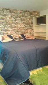 a bedroom with a blue bed with a brick wall at Terrazza Giraldi in Florence