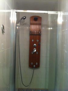 a shower with a wooden guitar on the wall at Acogedor estudio junto a pista in Sierra Nevada
