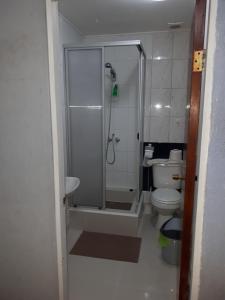 uma casa de banho com um chuveiro e um WC. em Casa Cely em Iquique