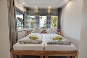 2 camas en una habitación con ventana en Ferienapartments Zwingenberg, en Zwingenberg