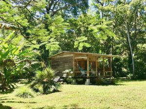 a small shack with a hammock in a yard at Casita del Mar- Caribbean Beachfront Bungalow in Chiquita Beach in Puerto Viejo