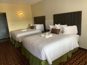 two beds in a hotel room with flowers on them at HomeStay Inn & Suites Edinburg in Edinburg