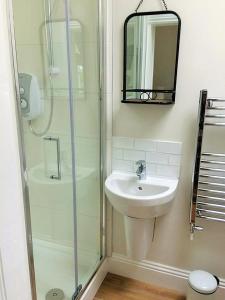 W łazience znajduje się prysznic, umywalka i lustro. w obiekcie The Parcel Shed w mieście Gilling East