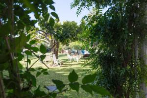 a garden with a table and chairs and trees at Villa Amalia Suites Malaga in Málaga