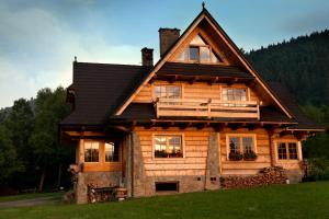 a large wooden house with a black roof at Pokoje gościnne "Mraźnica" in Zakopane